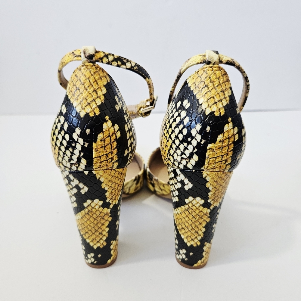 Aldo Nicholes Snakeskin Heels Size 6 Yellow Ankle Strap Block Heel EUC - Picture 4 of 6